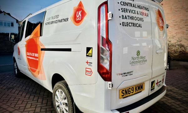 White UK Gas service van, branded with logo and services (Boilers, Central Heating, Bathrooms, Electrical), ideal for Letting Agent Property Services needs.